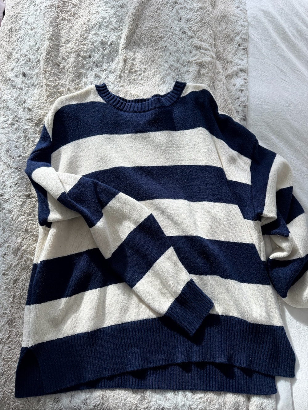 Edikted Navy and White Striped Crew Neck Sweater